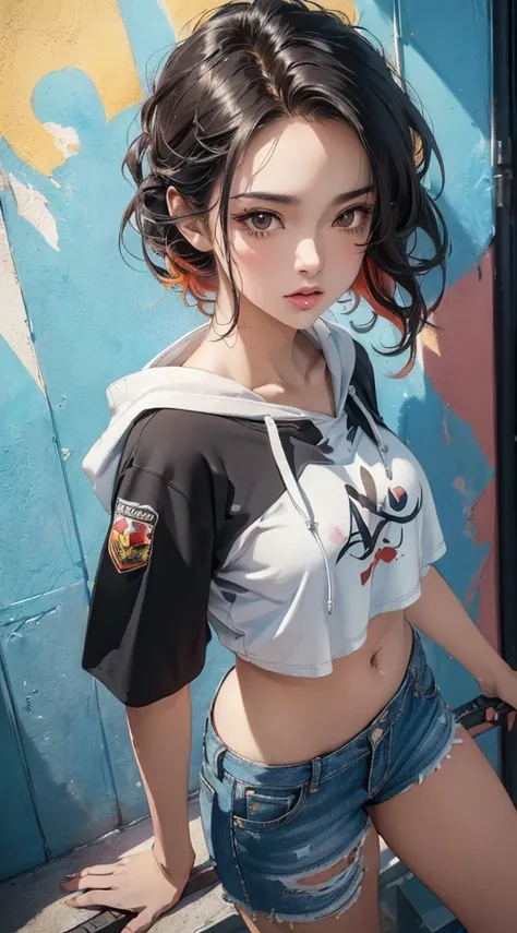 (((8k wallpaper of extremely detailed CG unit:1.2, ​masterpiece, hight resolution:1.2, top-quality:1.2))), ((a very beautiful woman, Street fashion, wearing a short sleeve hoodie, Wearing denim hot pants:1.2)), ((extra detailed face, Highly detailed black ...