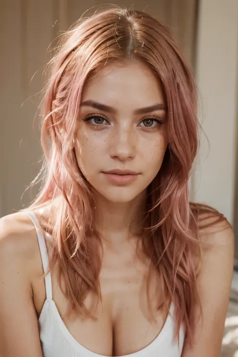 realistic portrait photo of beautiful woman with pink hair, hair roots slightly faded, spanish, influencer, light freckles, light brown eyes, no makeup, instagram