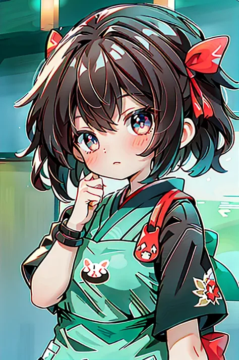 1girl in,,, Black_hair, breastsout, report,Brown hair,bob cuts).Blue eyes, fingerless glove aid_Apron),Red ribbon on green and red kimono,((Chibi))