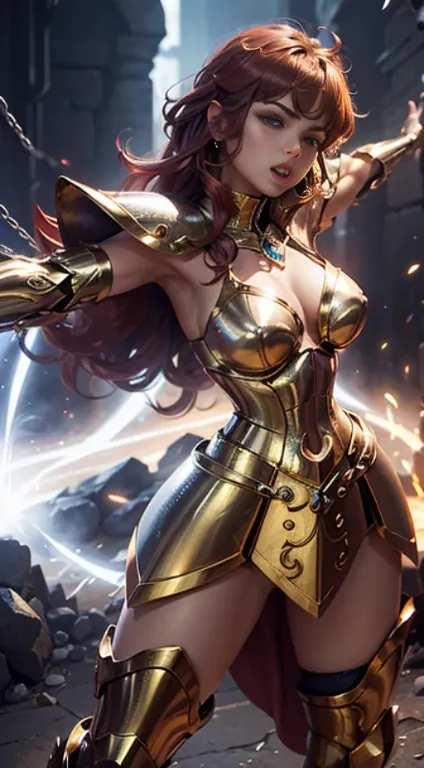 Na arena de artes marciais do Coliseu, in Greece、Torneios de Artes Marciais、Saint Seiya、Menina bonita、peito enorme、clivagem da mama、pernas de beleza、(((He wears shiny futuristic combat armor in metallic red.)))、Shiny silver chains are connected from all si...