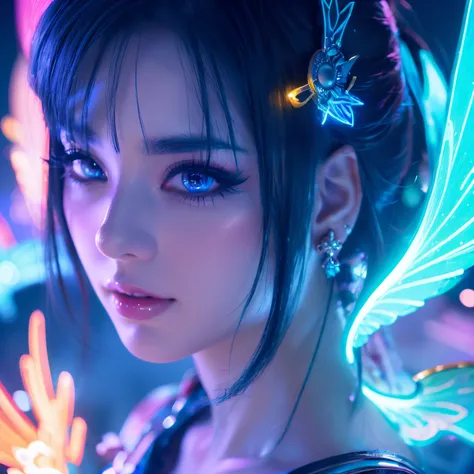 sky blue eyelashes，Enchanting，Details are well explained，Dynamic Angle，Beautiful depiction，Neon lights and shadows，Multi-level detailed performance，High-quality, detailed depiction。Anime Characters