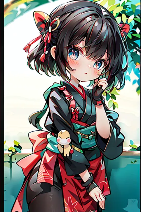 1girl in,,, Black_hair, breastsout, report,Brown hair,bob cuts).Blue eyes, fingerless glove aid_Have a white apron),Red ribbon on green and red kimono,((Chibi))