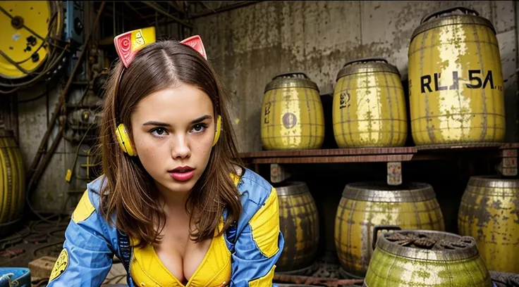 ((reduce nose and grain in entire image)), GIRL 12 YEARS OLD , LONG, CLOSE UP, RUSSIAN STYLE HEADPHONES and cat ears, VaultGirl suit, a closeup of a large pile of ((yellow barrels with radioactive symbols)), nuclear waste, radioactive wastelands, toxic was...