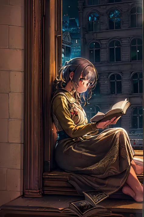 Arafed woman sitting on the window sill and reading a book、Storybook Wide Shot::HD、near a window、Sitting in the castle、Leaning against the window、dramatic reading book pose、books portrait、wide portrait、read the corner、Dramatic Reading Magic Book Pose、Windo...