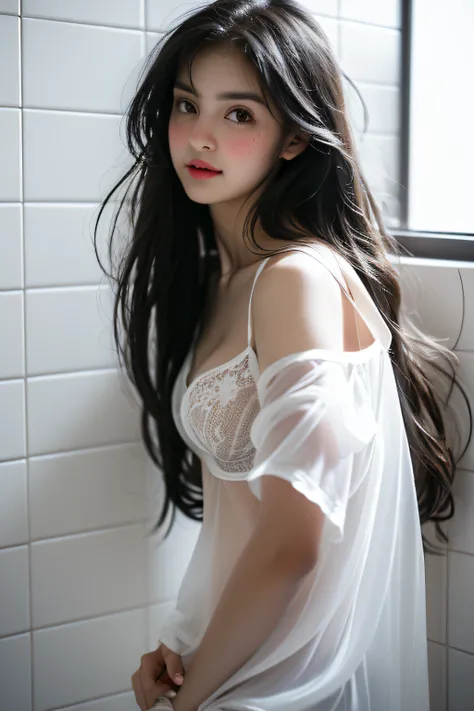  in bathroom，Wet pubic hair，Charming eyes，Heartwarming action，Turn your face away from the camera，stooped，Bend over，turn back，Look up at your head，transparent silk pajamas ，thick long hair，Highly detailed body，Highly detailed face，best qualtiy,(white monoc...