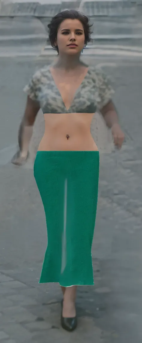 there a woman walking on the street, mermaid body, waist - shot, tinyest midriff ever, middle shot waist up, close up half body shot, 3 d belly, modeled in 3 d, 3 d, zoomed out full body, exposed midriff, half body cropping