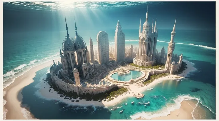 A romantic postcard of an underwater city, Super artistic texture quality，White  print border，(Best quality at best,4K,8K,A high resolution,tmasterpiece:1.2),ultra - detailed,Super refined，Ultra-complex，groceries style