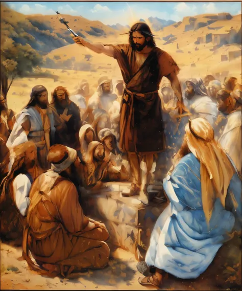 pintura arafiada de um homem parado na frente de um grupo de pessoas, bible illustration, biblical art style, biblical art, bibl...