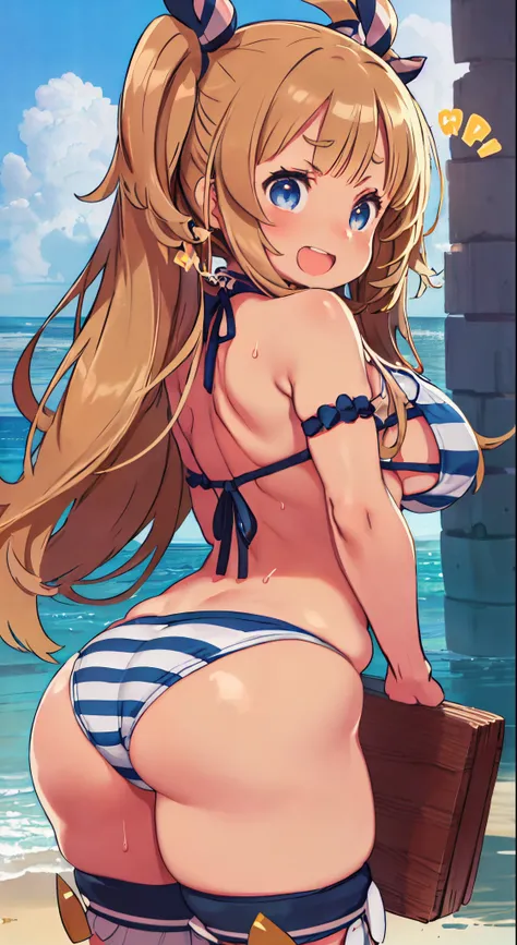 (( 1girl in)), NSFW、blush,(well-muscled)、Brown skin、Golden hair、the eyes are blue、double tooth、((big butts))、(((thick thighs)))、Sweat、:D、Long hair、((Twin-tailed))、(Light blue striped bikini)、the beach、kneeking