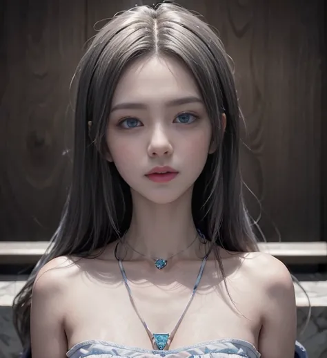 blue long hair，Nice face，pendant，Heterochromatic pupil，Gini Coefficient，fully body photo