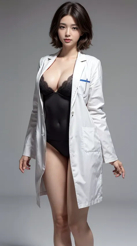 realistic beautiful doctor、stunningly beautiful、doctors white coat, Doctor Fashion、(top-quality、8K、32K、​masterpiece、nffsw:1.3)、Raw photography, Detailed face,,Beautiful short hair, ((Doctor Style)), , tight skirts、 Natural makeup, Breast cleavage, large fu...