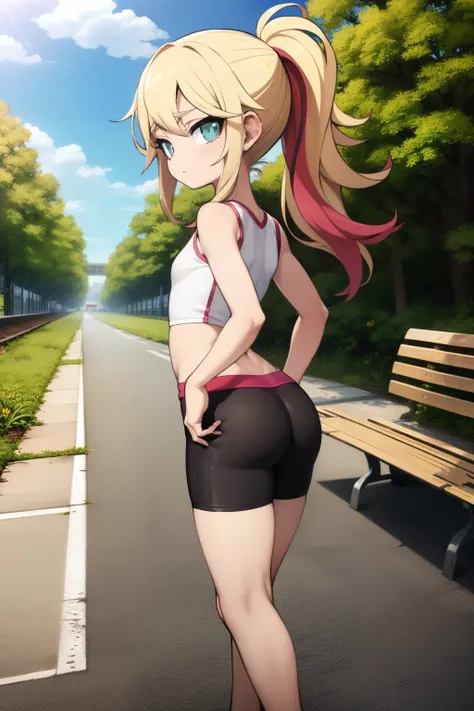 GameGirl , (blonde ponytail) with pink streak highlights, 80s anime style, (flat chest),  thighs, hips, small waist,  park bench, biker shorts,  cloudy day, near train tracks, bike rack, weak wilted plants, cracks in sidewalk, butterflies and daisies, sunl...