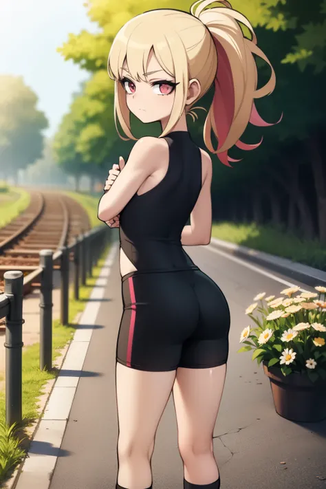 GameGirl , (blonde ponytail) with pink streak highlights, 80s anime style, (flat chest),  thighs, hips, small waist,  park bench, biker shorts,  cloudy day, near train tracks, bike rack, weak wilted plants, cracks in sidewalk, butterflies and daisies, sunl...