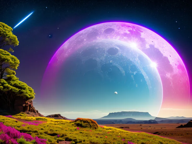 A ringed planet has a lush alien landscape，There  a moon in the sky, Vivid colorful clouds, the strange, sci-fy, ray traycing, Detailed reflection, iintricate, high detal, theatrical, the best quality masterpiece, strength, Detailed pubic hair, 8K, HighDyn...