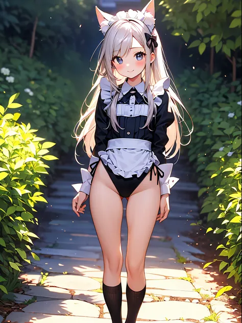 Beautiful illustration、top-quality、cute petit girl、(transform sequence)、((maid style leotard))、10yaers old、elementary student、Slender beautiful girl、Fractal Art、baby-face、((stright long hair))、Beautiful big drooping eyes、A smile、Full Body Display、Western-s...