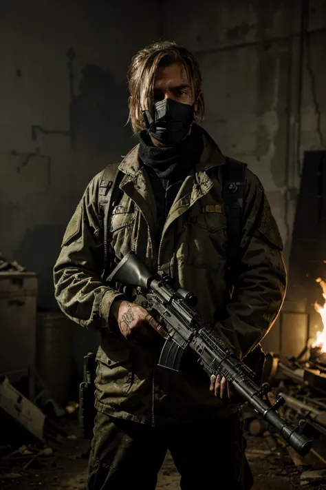 post apocalyptic military man with mask on and an Apocalyptica rifle in his hands. ((best quality)), ((masterpiece)), (detailed)