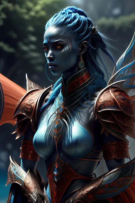 fantasy art, dnd art, RPG art, drkfntasy wide shot, (masterpiece:1.3), full body intense details, highly detailed, photorealistic, best quality, highres, portrait of a exotic race vedalken female (fantasy art, Masterpiece, best quality: 1.3) (blue colored ...