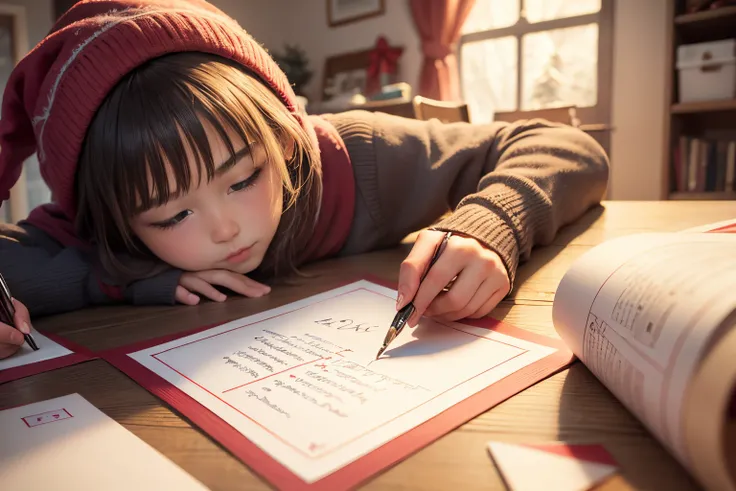 A girl is writing a Christmas card.