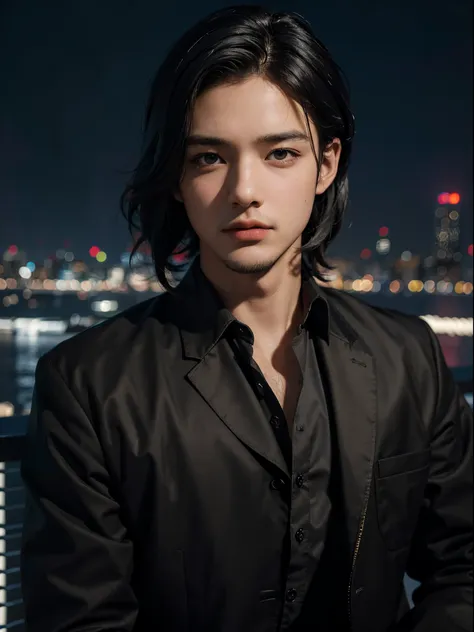 best quality, masterpiece, ultra high res, (photorealistic:1.4), raw photo, young handsome male, black hair, (night city backgro...