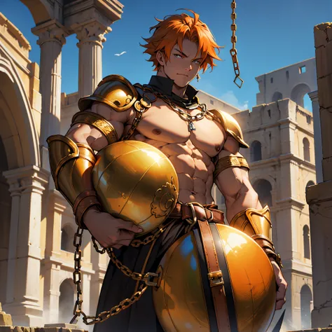 ​masterpiece, Best Quality, 4k, Slave warrior in golden armor(Orange hair), tied up in huge chains, holding a huge iron ball, Background with:Colosseum without people