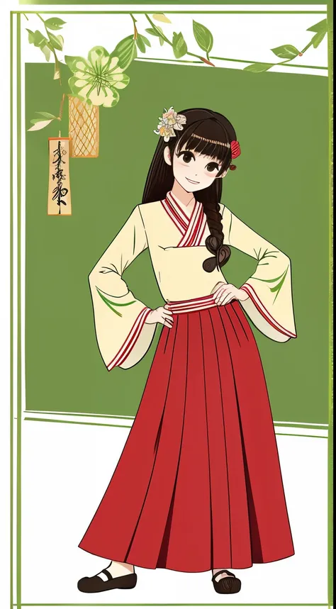 Tang Dynasty、Hand-drawn illustration、masutepiece, Best Quality, hight resolution, 1 Girl Hair Ribbon Hair Ornament, Hanfu green shirt wide sleeve red skirt long skirt background, put hands on the hip, Smile