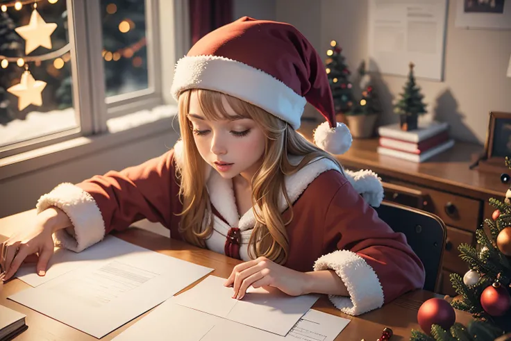 Christmas cards on the desk.