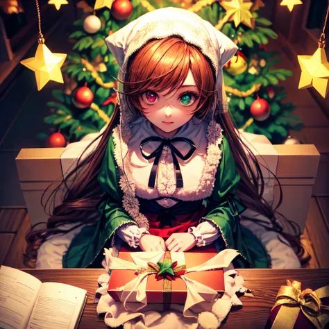 best quality, masterpiece, small suiseiseki, bonnet, head scarf, heterochromia, green dress, neck ribbon, twin drills, ((is styaing)), gift box, looking to viewer, focus on face, (shot from above), christmas tree on background, (christmas atmosphere), intr...