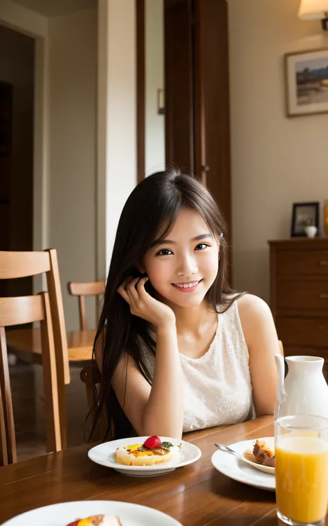 1girl in, morning, Breakfast, dining room, Sitting, relax, Smile