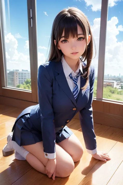 a  3dcg girl , 1girl, solo, mischievous and playful girl ,,school uniform,classroom,((blue sky and realistic clouds outside the ...