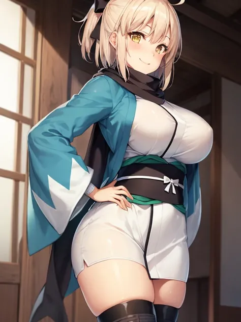 (extremely detailed CG), (best quality), perfect face, shiny skin, lustrous skin,wide hips,   1girl,solo , OkitaSouji,arm guards,wide sleeves,toeless legwear,bangs,obi, white kimono, shinsengumi, black thighighs, yellow eyes,thighhighs , short kimono, haor...