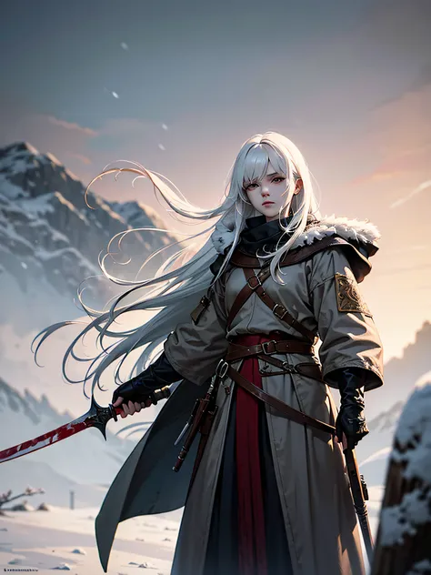 1 adult girl, harsh bloody hunter, white hair, 2 blades, winter, medieval, fantasy, ready for battle, dark harsh mysterious atmosphere, dynamics in the scene, blood, detailed face, full-length character