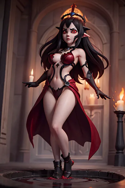 Generate an image featuring a well endowed naked dark-haired sorceress standing in the center of a blood-filled pool, surrounded by an aura of darkness and evil. The sorceress, adorned with a crown of demon horns, glistens in the moonlight. Emphasize the c...