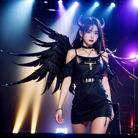 sunglasses, 1 girl with jesus, black dress, wings, black wings, angel, halo, demon horns, standing on the stage, choker, midget, super villain, stand, look at the viewer, cross necklace, earrings, jewellery, jesus, jesus christ, cross tatto, sunglasses