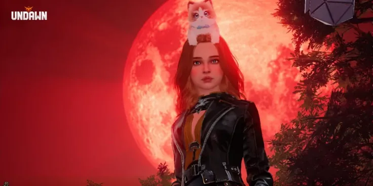 arafian  a female character in a black leather outfit, ciri holding a cat, beautiful young catgirl, world boss kitten, dead or alive 6, cattie - brie of mithril hall, red moon, detailed crimson moon, in front of a big moon, as a character in tekken, in fro...