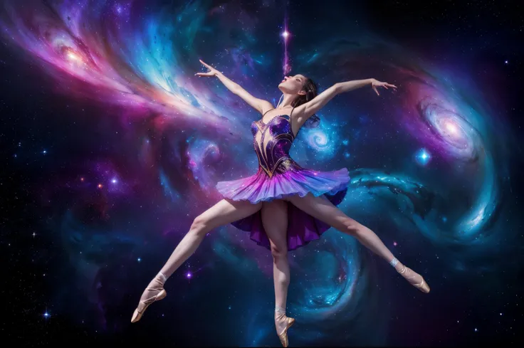 Generate an image of cosmic dancers in a surreal ballet within a nebula, showcasing realistic rendering of their graceful movements and the vibrant colors of interstellar gases. enormous tits