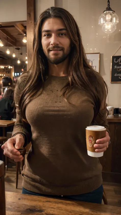 (best quality,4k,highres,ultra-detailed,realistic:1.37),vibrant portrait,beautiful cafe worker lady with a long big beard,long beautiful hair,manly chiseled face,expressive eyes,lovely smile,stylish outfit,confident stance,coffee cup,cozy atmosphere,artist...