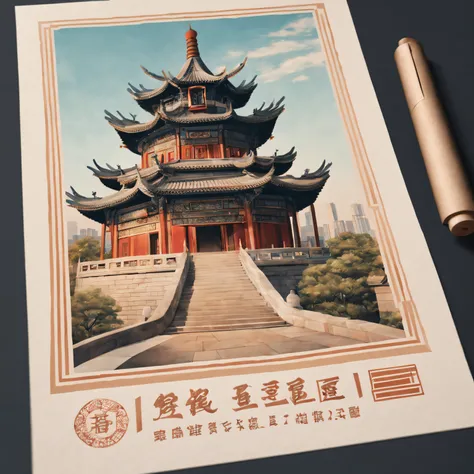 Postal postcard with Chinese architecture on the front. [line drawn, vintagestyle], (Exquisite, iintricate, nice) line work, (Elegant, Regal) architecture, (attractive cleavage, Thrilling) skylines, [nostalgic ambiance, faded], warm color palette, (natural...