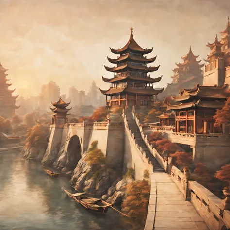 Postal postcard with Chinese architecture on the front. [line drawn, vintagestyle], (Exquisite, iintricate, nice) line work, (Elegant, Regal) architecture, (attractive cleavage, Thrilling) skylines, [nostalgic ambiance, faded], warm color palette, (natural...
