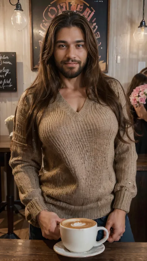 (best quality,4k,highres,ultra-detailed,realistic:1.37),vibrant portrait,beautiful cafe worker lady with a long big beard,long beautiful hair,manly chiseled face,expressive eyes,lovely smile,stylish outfit,confident stance,coffee cup,cozy atmosphere,artist...