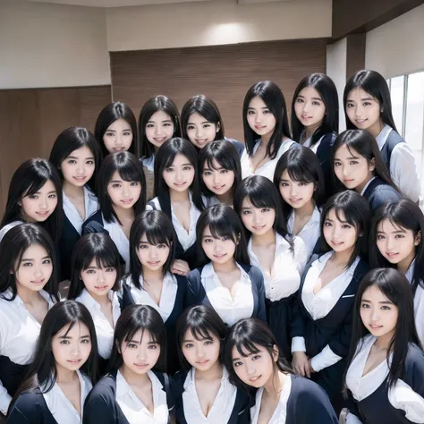 a picture、(((multiple girls))),((((6+girls))))、((10 girls))、The same face、matching school uniform、12 years old、Long black hair、10 cute girls、((((Gigantic Breasts))))、a smile、selfee、‎Classroom、Raw photo、same person、Doppelganger、(group portraits)、a junior hi...