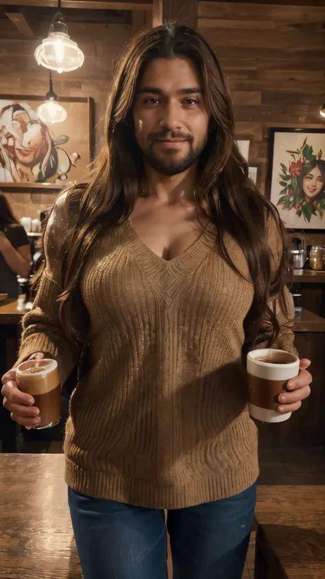 (best quality,4k,highres,ultra-detailed,realistic:1.37),vibrant portrait,beautiful cafe worker lady with a long big beard,long beautiful hair,manly chiseled face,expressive eyes,lovely smile,stylish outfit,confident stance,coffee cup,cozy atmosphere,artist...