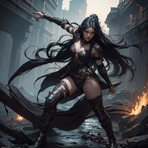 Warrior Princess, beautiful woman, long black hair, dynamic pose, intricate, highly detailed, a masterpiece, 8k resolution, dark fantasy concept art, dynamic lighting, hyperdetailed, intricately detailed, Splash screen art, trending on Artstation, deep col...