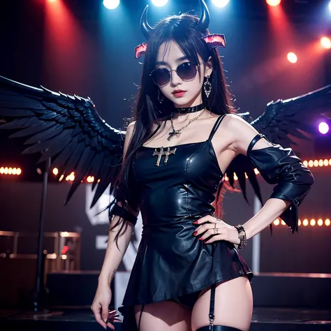 sunglasses, 1 girl with jesus, black dress, wings, black wings, angel, halo, demon horns, standing on the stage, choker, midget, super villain, stand, look at the viewer, cross necklace, earrings, jewellery, jesus, jesus christ, cross tatto, sunglasses