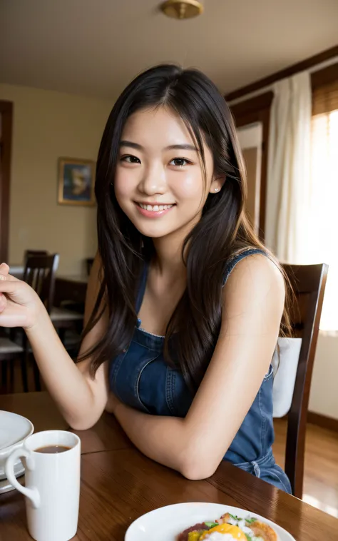 1girl in, 22 yo, morning, Breakfast, dining room, Sitting, relax, Smile