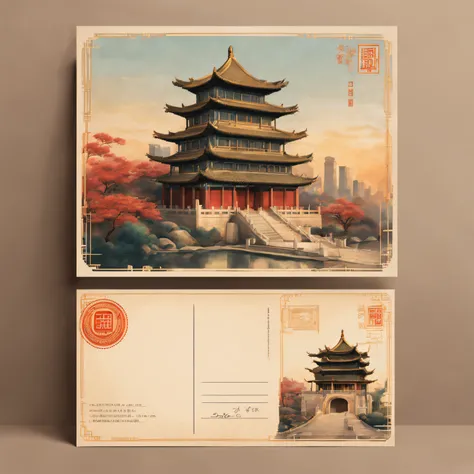 Postal postcard with an ancient Chinese building on the front. [line drawn, vintagestyle], (Exquisite, iintricate, nice) line work, (Elegant, Regal) architecture, (attractive cleavage, Thrilling) skylines, [nostalgic ambiance, faded], warm color palette, (...