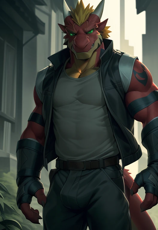 anthro, solo, delga, dragon, clothing, male, topwear, muscular, muscular anthro, jacket, shirt, fingerless gloves, green eyes, muscular male, red body, looking at viewer, hi res, bottomwear, tatoo, white vest, blonde hair, detailed background, photorealist...