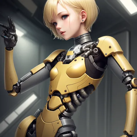 blonde short hair, girl, a mechanical arm,