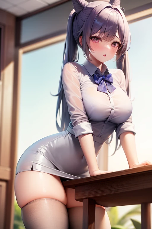 1girl, Table hump, rubbing the perineum, white shirt, pencil skirt, office, white panty, skirt lift, strap, a table, high ground, multiple boys,Liquid, Thought-provoking,, Masterpiece, Best Quality, Highly detailed