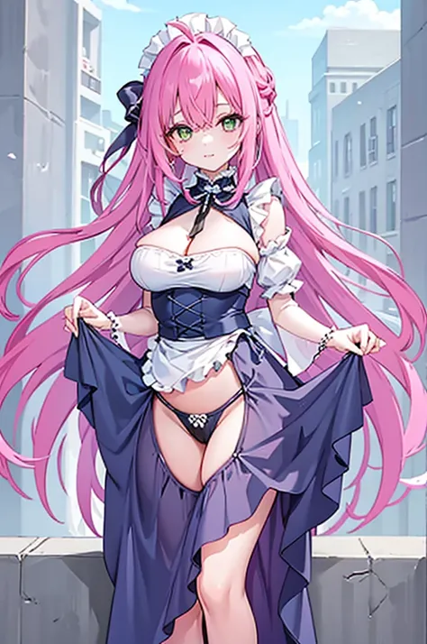 , with an open crotch, 1 plump girl, middling, own, how to, pink hair color hair, Pink Long Hair, Very long hair, inner strength, humongous large breast, Black dress, Shown in , maid headdress, ((peeping at the viewer, Decorative style, Green-eyed, face fl...