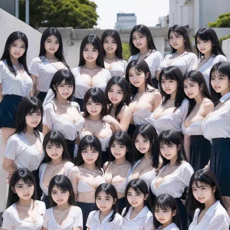 a picture、(((multiple girls))),((((6+girls))))、((10 girls))、The same face、matching school uniform、(((6 years old)))、Long black hair、10 cute girls、((((Gigantic Breasts))))、a smile、selfee、((‎Classroom))、Raw photo、same person、Doppelganger、(((Large group)))、el...